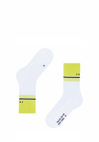 Białe skarpetki za kostkę z żółtymi i czarnymi paskami, o teksturowanej tkaninie oraz oznaczeniem rozmiaru "FALKE 39-40."