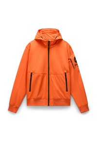 Giacca arancione con cappuccio realizzata in tessuto leggero. Presenta una chiusura anteriore con zip, due tasche con zip e dettagli neri sulle maniche.