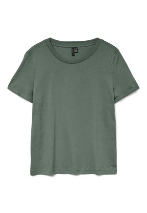 T-shirt vert à manches courtes avec un col rond et une texture douce et lisse. Il présente une coupe décontractée et un bas droit.