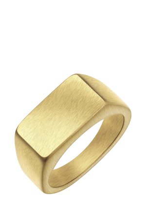 Goldfarbener Metallring mit gebürstetem Finish, rechteckiger Oberseite, glatten Kanten, breitem Band und abgerundetem Innenbereich für zusätzlichen Komfort.