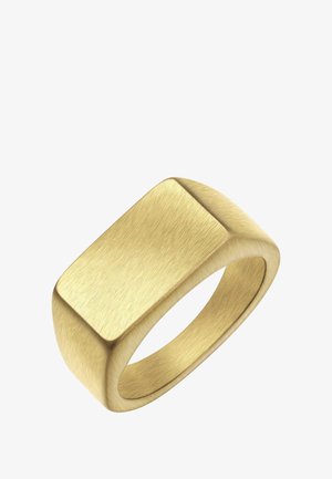 Guldtonet metalring med børstet finish, rektangulært top, glatte kanter, bredt bånd og afrundet indre for komfort.