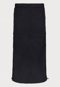 Sort skjørt med elastisk midjebånd og justerbar snor; har et langt, rett design med et glatt, teksturert stoff.