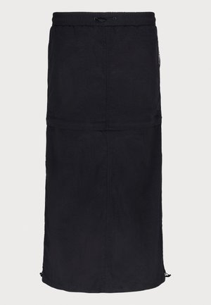 Svart kjol med elastisk midja och justerbar dragsko; har en lång, rak design med ett slätt, texturerat tyg.