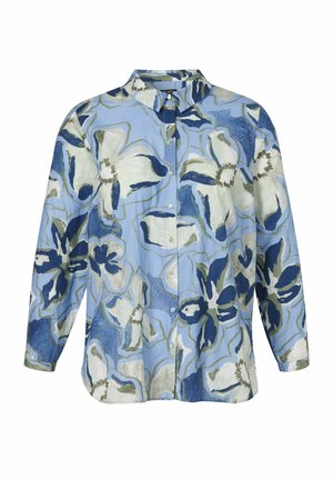 Hellblaues Hemd mit Knöpfen, langen Ärmeln und großem abstraktem Blumenmuster in Weiß, Marineblau und Grautönen.