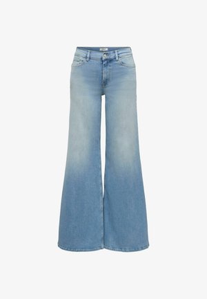 Lyseblå jeans med høj talje og vide ben, med forreste knap, lynlås og tre lommer på hvid baggrund.