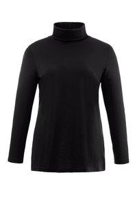 Black long-sleeve turtleneck shirt made from soft fabric, featuring a fitted silhouette and high collar, with a smooth, plain texture.