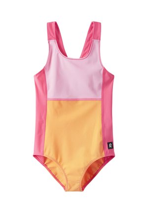 Mädchen Einteiler Badeanzug mit breiten Trägern, mit rosa, hellrosa und orangen Farbblöcken und einem kleinen schwarzen Logotag an der Seite.