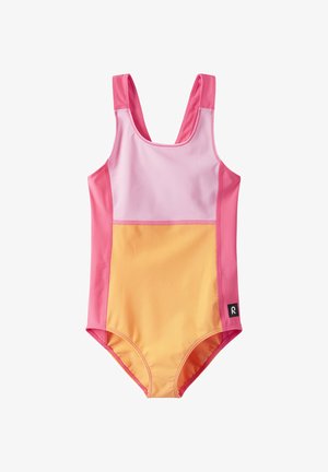 Mädchen Einteiler Badeanzug mit breiten Trägern, mit rosa, hellrosa und orangen Farbblöcken und einem kleinen schwarzen Logotag an der Seite.