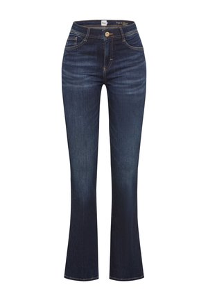 Mørk denim flared jeans med høj talje, udstyret med knaplukning, lommer og kontraststing. Glat tekstur og klassisk design.