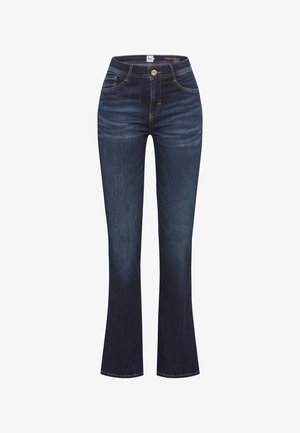 Dunkelblaue, ausgestellte Jeans mit hohem Bund, mit Knopfverschluss, Taschen und kontrastierenden Nähten. Glatte Textur und klassisches Design.