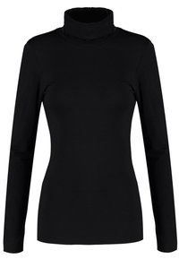 Zwarte lange mouwen coltrui van zacht, rekbaar materiaal. Fitted ontwerp met geribbelde textuur bij de halslijn. Geen patronen of hardwaren.