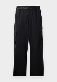 Black cargo pants made from lightweight fabric, featuring an elastic waistband, adjustable belt, and multiple side pockets.