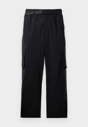 Black cargo pants made from lightweight fabric, featuring an elastic waistband, adjustable belt, and multiple side pockets.