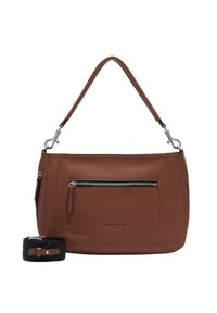 Brown leather handbag with a single shoulder strap, featuring a zippered front pocket and stitched detailing. Includes a small matching strap accessory.