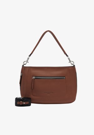 Borsa a tracolla in pelle marrone con una sola tracolla, dotata di una tasca frontale con zip e dettagli cuciti. Include un piccolo accessorio a tracolla abbinato.