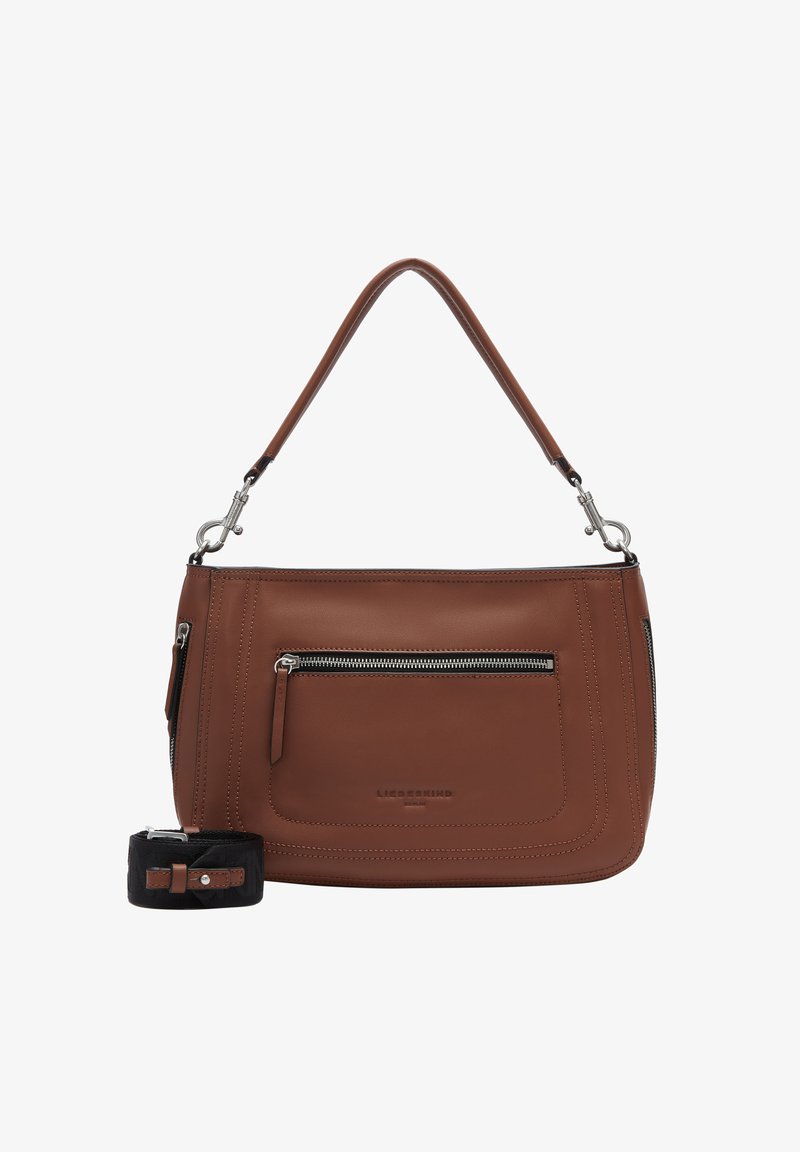 Braune Lederhandtasche mit einem einzelnen Schultergurt, ausgestattet mit einer Reißverschluss-Fronttasche und gesteppten Details. Enthält einen kleinen passenden Riemenzubehör.