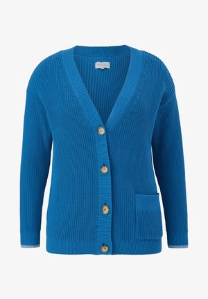 Blue knit cardigan featuring a V-neck, button closure, and front pocket. Ribbed texture with five buttons in a contrasting color.