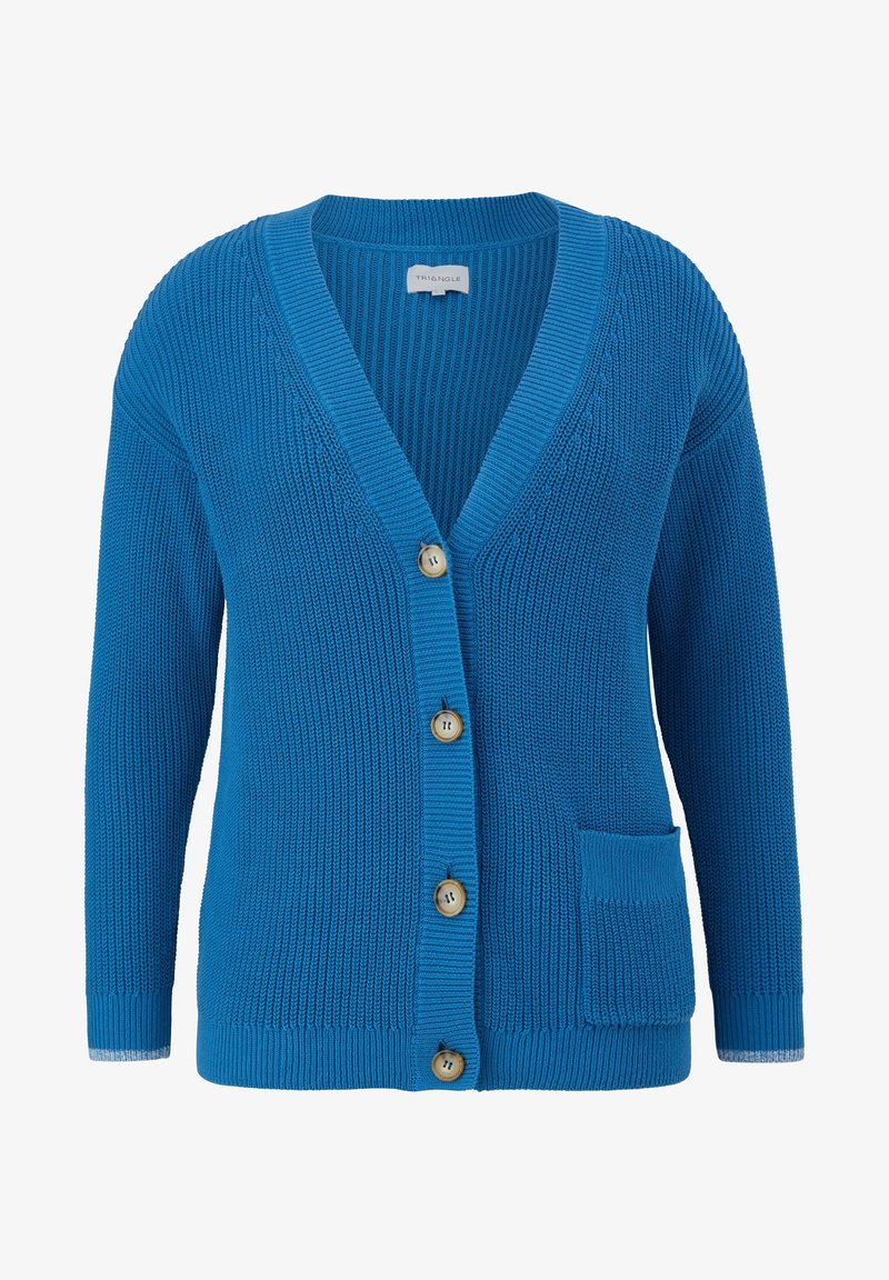 Blauwe gebreide cardigan met een V-hals, knoopsluiting en een voorzak. Ribbeltextuur met vijf knopen in een contrasterende kleur.