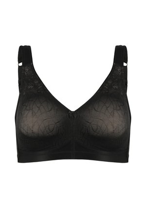 Schwarzer Spitzen-BH mit einem strukturierten Muster, weichen Körbchen und verstellbaren Trägern. Verfügt über einen V-Ausschnitt und einen glatten Unterbrustbund.