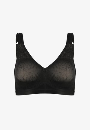 Schwarzer Spitzen-BH mit einem strukturierten Muster, weichen Körbchen und verstellbaren Trägern. Verfügt über einen V-Ausschnitt und einen glatten Unterbrustbund.