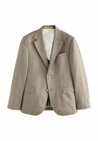 Blazer grigio chiaro realizzato in tessuto testurizzato; presenta un collo a quattro cantoni, due tasche frontali, una chiusura a un bottone e polsini con bottone.