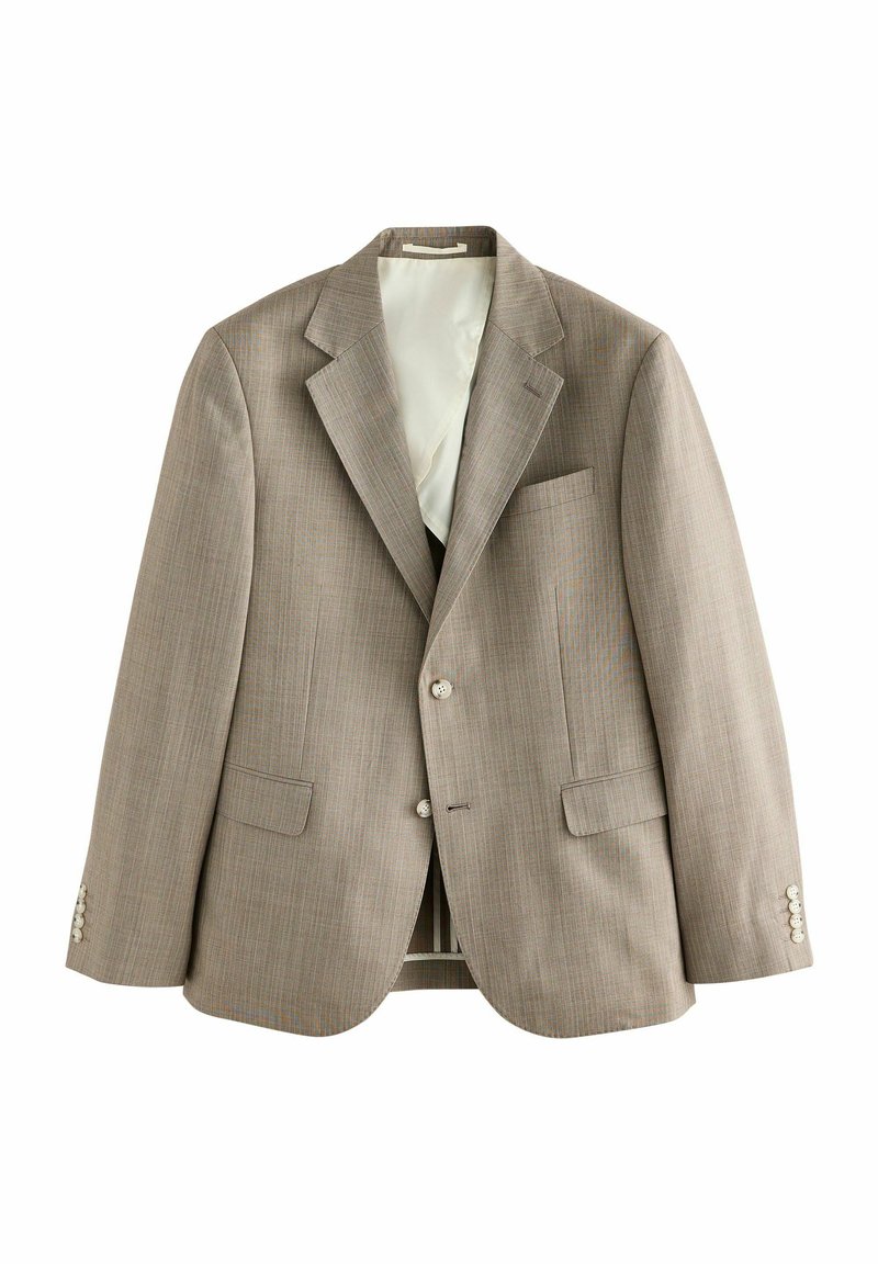 Blazer grigio chiaro realizzato in tessuto testurizzato; presenta un collo a quattro cantoni, due tasche frontali, una chiusura a un bottone e polsini con bottone.