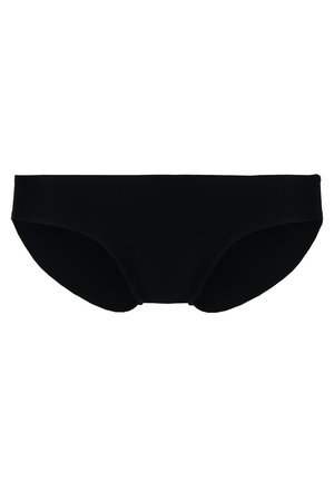 Black bikini bottoms made of soft, stretchy fabric. Features a minimalist design with a low-rise cut and smooth edges.