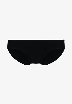 Black bikini bottoms made of soft, stretchy fabric. Features a minimalist design with a low-rise cut and smooth edges.