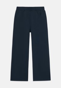 Mørkeblå brede bukser med elastisk talje, der har en glat overflade uden synlige mønstre. Simple design og fuldlængde.