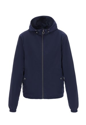 Marineblaue Kapuzenjacke mit Frontreißverschluss, elastischen Bündchen und zwei Seitentaschen mit Druckknöpfen, geeignet für kaltes Wetter.