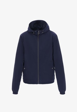 Tmavě modrá bunda s kapucí, předním zipem, elastickými manžetami a dvěma bočními kapsami na patentky, vhodná pro chladné počasí.