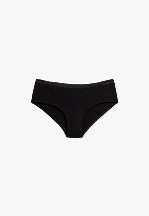 Perizoma bikini in cotone nero con una texture liscia, copertura moderata e una vita elastica stretta. Design semplice, senza motivi né accenti.