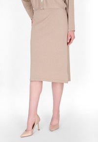 Beige rok tot de knie van rekbaar materiaal, met een gladde textuur en een subtiele glans, gecombineerd met beige puntige hakken.
