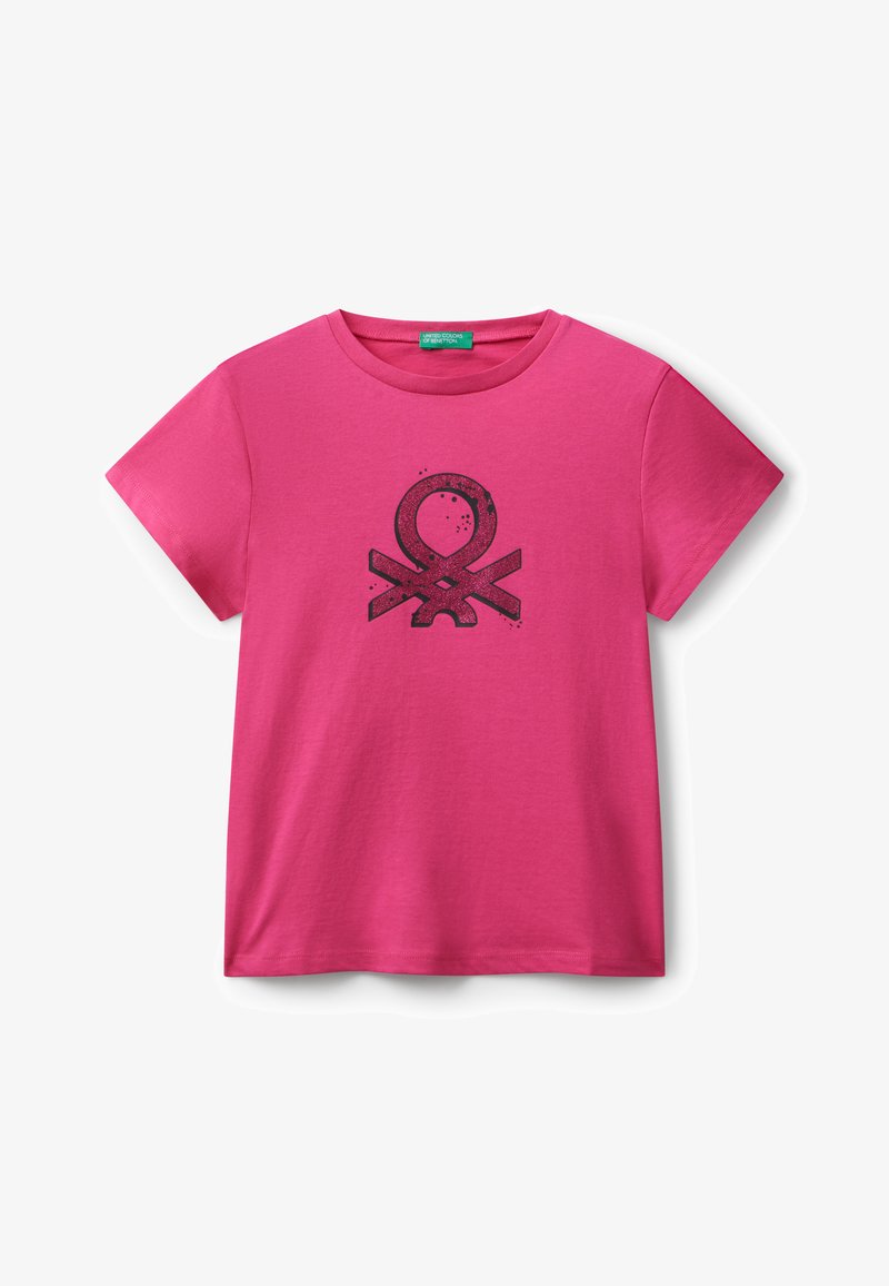 Růžové tričko s krátkým rukávem vyrobené z měkké bavlny, se schwarzen grafickým designem uprostřed a kulatým výstřihem.