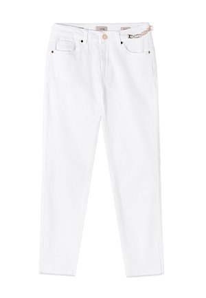 Witte skinny jeans met hoge taille, knopen aan de voorkant, riemlussen, vijf zakken en een gouden kettinkdetail aan de rechterkant.