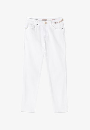 Witte skinny jeans met hoge taille, knopen aan de voorkant, riemlussen, vijf zakken en een gouden kettinkdetail aan de rechterkant.