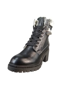 Czarne skórzane botki z teksturowanym wykończeniem, sznurowane, z ociepleniem z sztucznego futra i masywnym obcasem. Wyposażone w boczny zamek dla łatwiejszego zakładania.