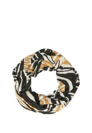 Écharpe infinity avec des rayures abstraites noire, blanche et beige rappelant celles du zèbre, disposée en boucle circulaire sur fond blanc.