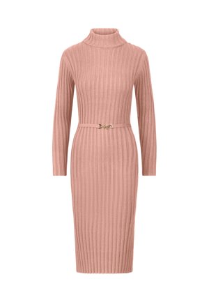 Abito a maglia a coste in rosa pallido con collo alto, maniche lunghe e silhouette aderente. Presenta una cintura coordinata con un accento metallico.