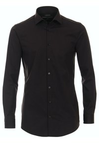 Zwarte lange mouwen blouse met knopen, voorzien van een kraag, een knoopsluiting aan de voorkant en een zachte textuur. Gemaakt van jersey stof met een getailleerde pasvorm.