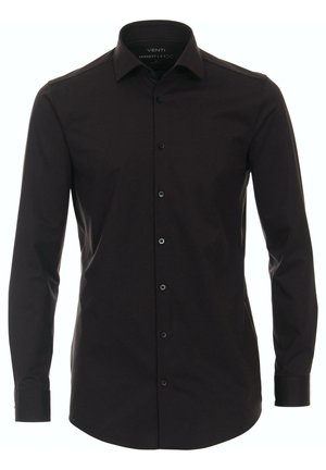 Zwarte lange mouwen blouse met knopen, voorzien van een kraag, een knoopsluiting aan de voorkant en een zachte textuur. Gemaakt van jersey stof met een getailleerde pasvorm.