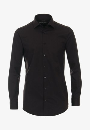 Zwarte lange mouwen blouse met knopen, voorzien van een kraag, een knoopsluiting aan de voorkant en een zachte textuur. Gemaakt van jersey stof met een getailleerde pasvorm.