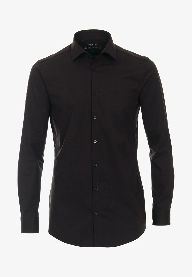 Zwarte lange mouwen blouse met knopen, voorzien van een kraag, een knoopsluiting aan de voorkant en een zachte textuur. Gemaakt van jersey stof met een getailleerde pasvorm.