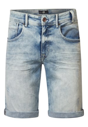 Light blue denim shorts featuring a faded finish, rolled cuffs, and distressed details, with front pockets and a button closure.