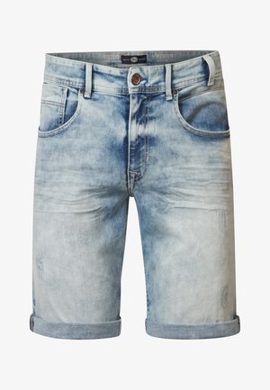 Jasnoniebieskie szorty dżinsowe z wyblakłym wykończeniem, podwiniętymi mankietami i przetarciami, z kieszeniami z przodu i zapięciem na guzik.