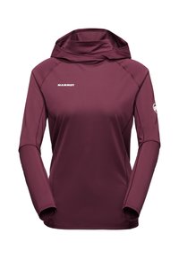 Burgunderfarbener Langarm-Hoodie mit hohem Kragen, der ein Logo auf der Brust und Daumenlöcher in den Ärmeln hat. Glattes, dehnbares Material.