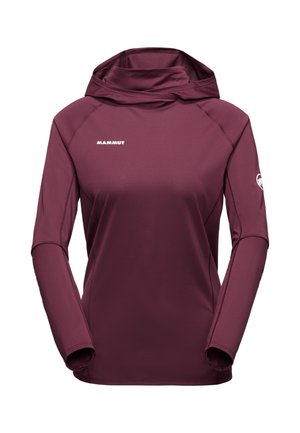 Maroon long-sleeve hoodie with a high neckline, featuring a logo on the chest and thumbholes in the cuffs. Smooth, stretchy fabric.
