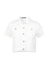 Witte cropped shirt van katoen, met korte mouwen, een kraag, twee voorzakken en metalen knopen. Glad textuur.