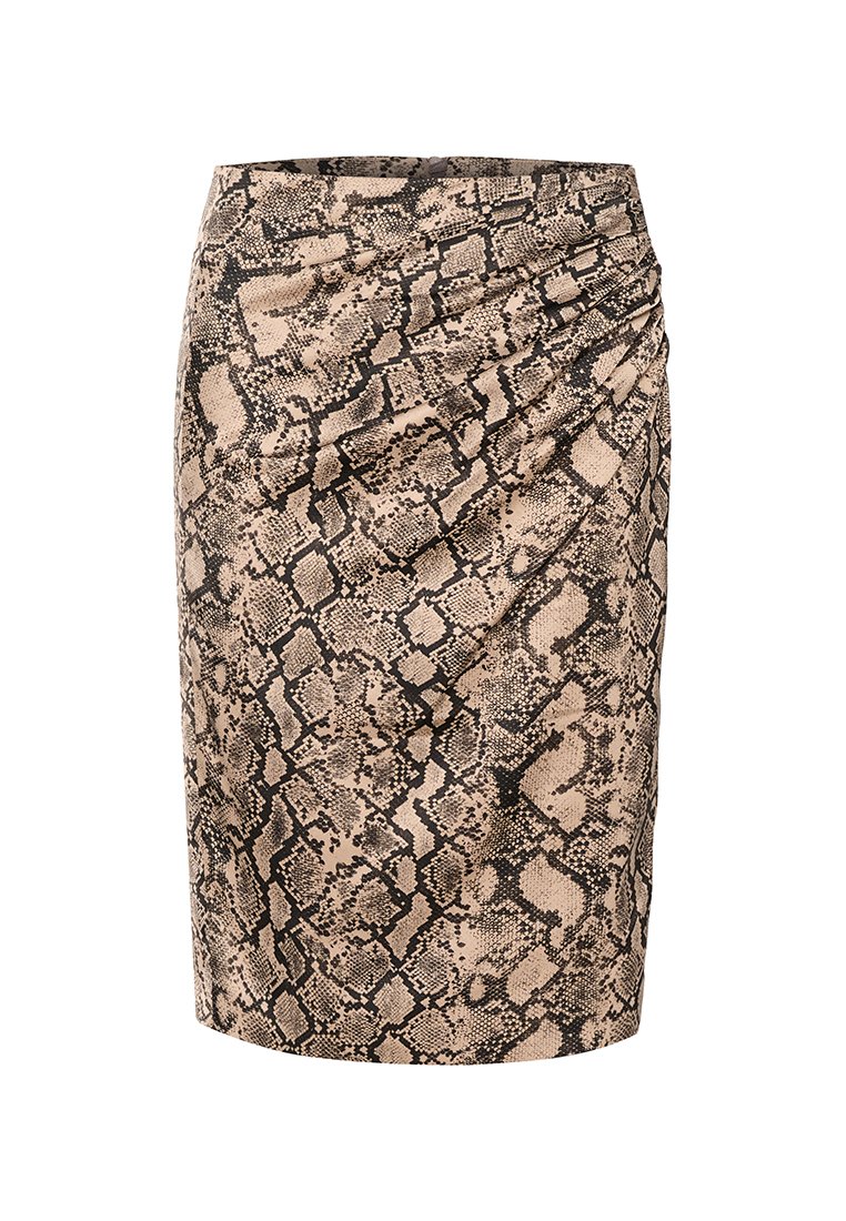 Spódnica ołówkowa z paskiem w beżowo-czarny wzór węża, z drapowanymi detalami i dopasowanym krojem. Wykonana z miękkiej tkaniny.