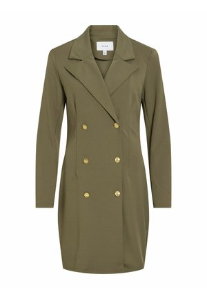 Robe blazer croisée vert olive avec manches longues, larges revers et boutons dorés, coupe ajustée à la longueur du genou.